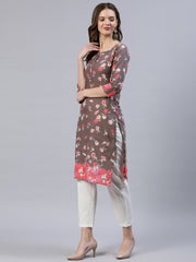 Women Taupe Printed Straight Kurta With Three Quarter Sleeves