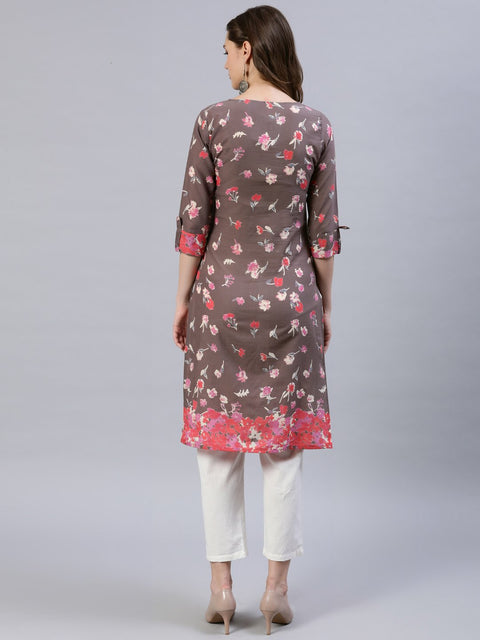 Women Taupe Printed Straight Kurta With Three Quarter Sleeves