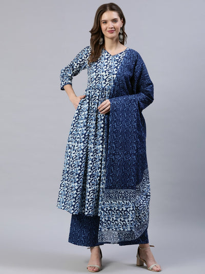 Women Indigo Blue Printed Gathered Kurta With Palazo & Dupatta