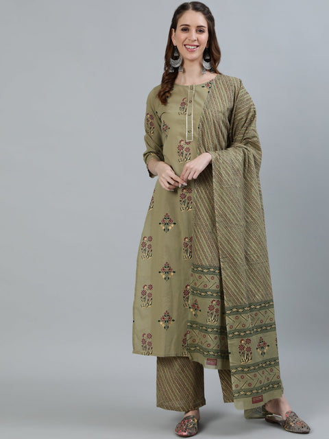 Women Olive Embroidered Layered Pure Cotton Kurti with Trousers & With Dupatta