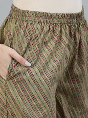 Women Olive Embroidered Layered Pure Cotton Kurti with Trousers & With Dupatta