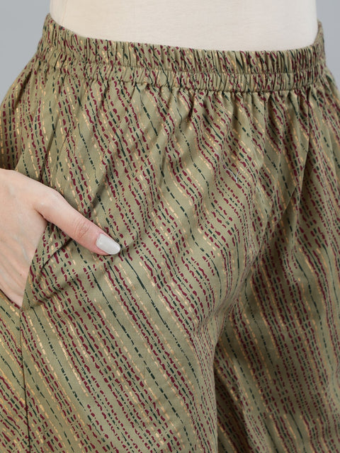 Women Olive Embroidered Layered Pure Cotton Kurti with Trousers & With Dupatta