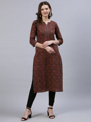 Women Maroon Printed Straight Kurta With Three Quarter Sleeves