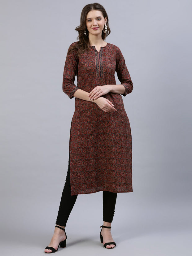 Women Maroon Printed Straight Kurta With Three Quarter Sleeves