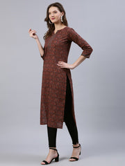 Women Maroon Printed Straight Kurta With Three Quarter Sleeves