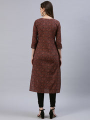 Women Maroon Printed Straight Kurta With Three Quarter Sleeves