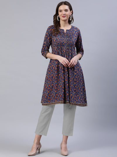 Women Blue Printed A-line Pleated Kurta With Three Quarter sleeves