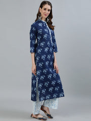 Women Indigo Blue Printed Straight kurta with Plazo & Dupatta