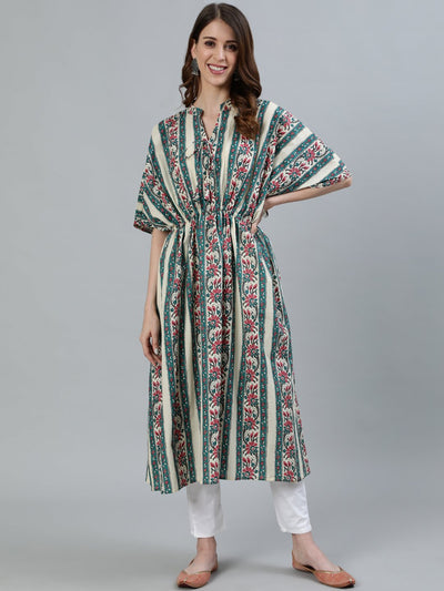 Women Teal & Off White Ethnic Motifs Striped Flared Sleeves Kurta