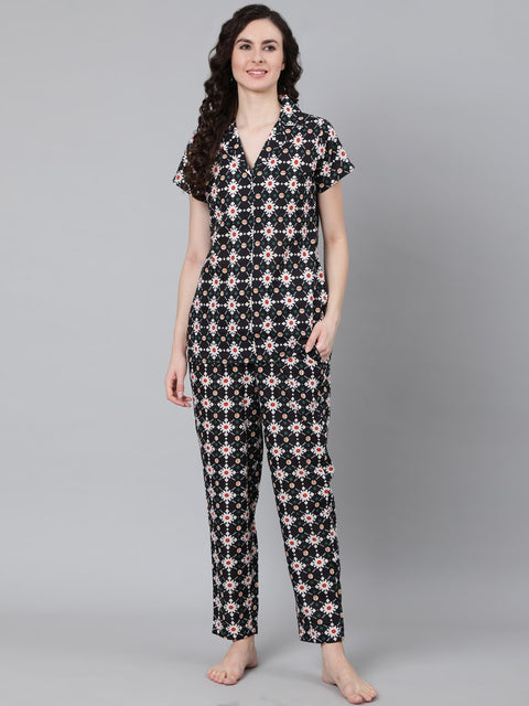 Women Navy Blue Printed Night suit