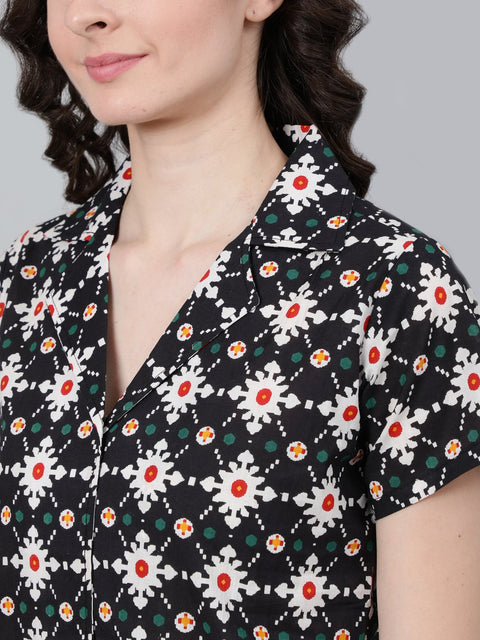 Women Navy Blue Printed Night suit