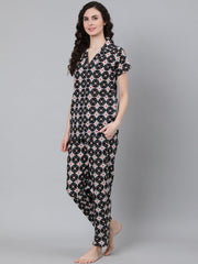 Women Navy Blue Printed Night suit