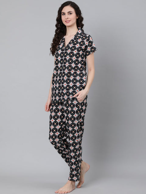 Women Navy Blue Printed Night suit