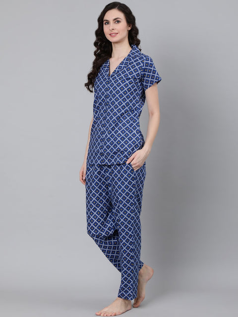 Women Blue Printed Night suit