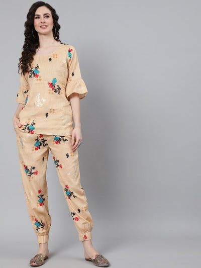 Women Cream Printed Night suit