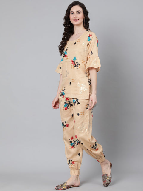 Women Cream Printed Night suit