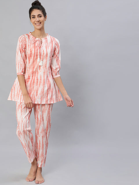 Women Peach Tie-dye Printed Night Suit Set