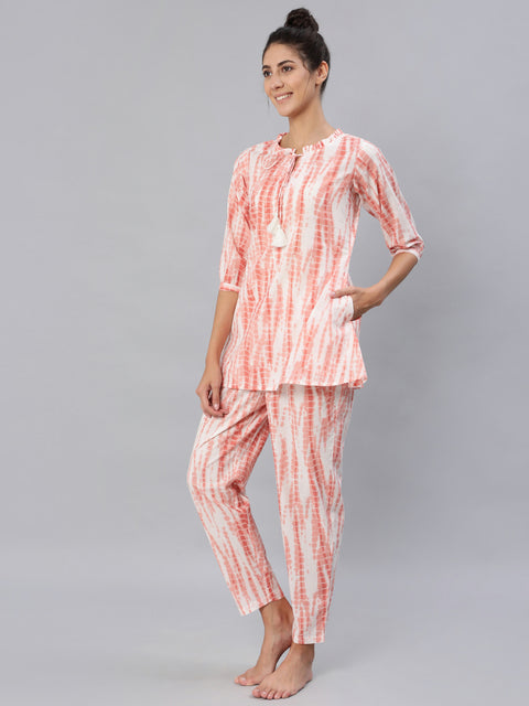 Women Peach Tie-dye Printed Night Suit Set