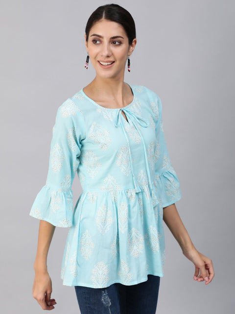 Women Blue & Gold Printed Top With Three Quarter Flared Sleeves