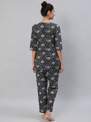 Women Grey Floral Printed Night Suit Set