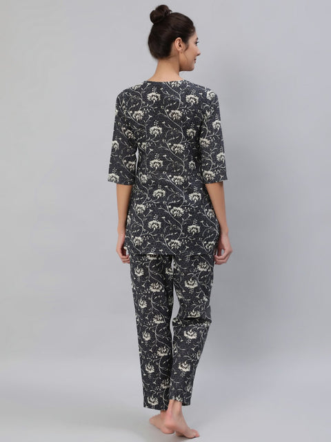Women Grey Floral Printed Night Suit Set