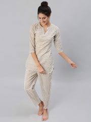 Women Brown & Off-White Striped Printed Night Suit Set