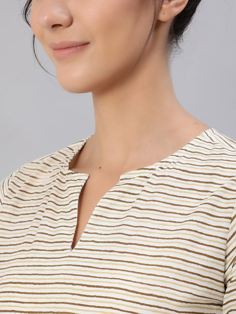 Women Brown & Off-White Striped Printed Night Suit Set