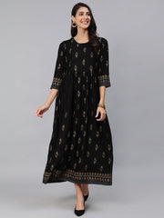 Women Black & Gold Printed Maxi Dress With Three Quarter Sleeves