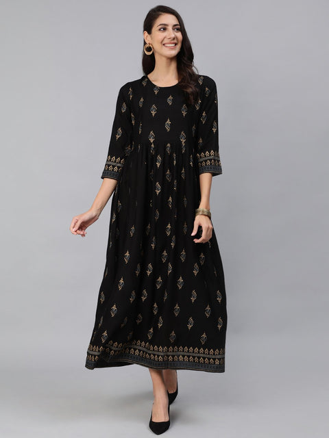 Women Black & Gold Printed Maxi Dress With Three Quarter Sleeves