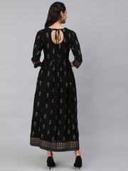 Women Black & Gold Printed Maxi Dress With Three Quarter Sleeves