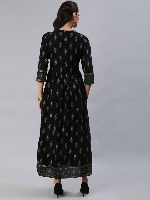 Women Black & Gold Printed Maxi Dress With Three Quarter Sleeves