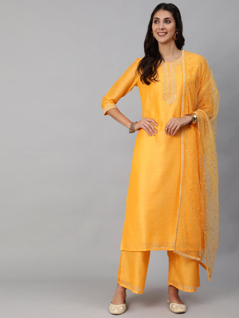 Women Yellow Chanderi Embroidered Straight Kurta Set With Palazo & Sequence Dupatta