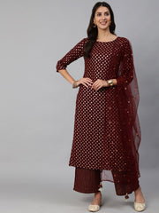 Women Maroon Geogrette Foil Printed Straight Kurta Set With Palazo & Sequence Dupatta