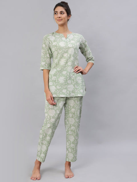 Women Green Floral Printed Night Suit Set