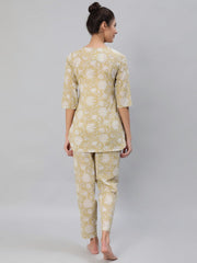 Women Olive Green Floral Printed Night Suit Set