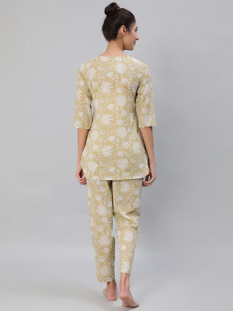 Women Olive Green Floral Printed Night Suit Set