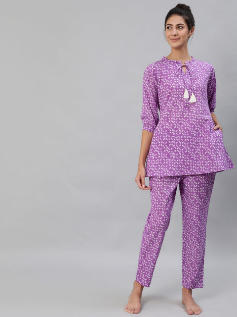 Women Purple & White Printed Pure Cotton Night Suit