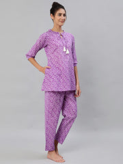 Women Purple & White Printed Pure Cotton Night Suit