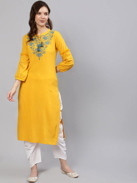 Women  Mustard Embroidered Straight Kurta With Three Quarter Sleeves