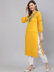 Women  Mustard Embroidered Straight Kurta With Three Quarter Sleeves