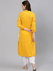 Women  Mustard Embroidered Straight Kurta With Three Quarter Sleeves