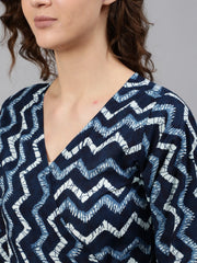 Women Navy Blue Zig-Zac Wrap Round Night Suit
