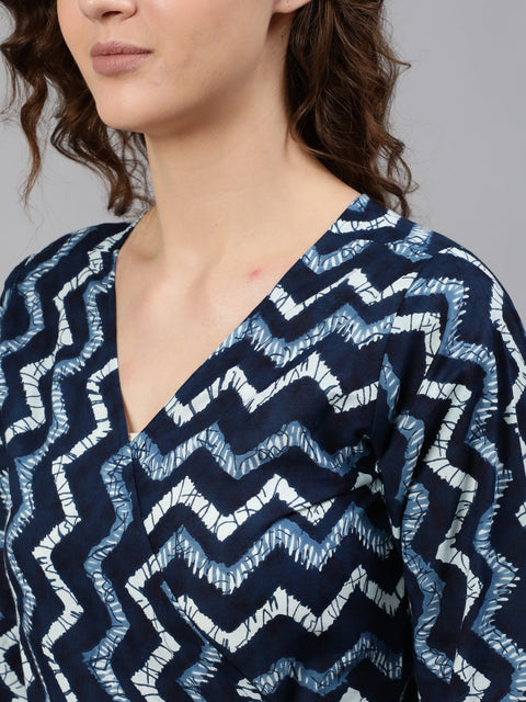 Women Navy Blue Zig-Zac Wrap Round Night Suit