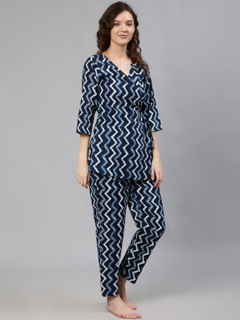 Women Navy Blue Zig-Zac Wrap Round Night Suit