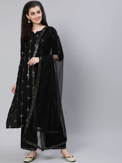Women Black Sequened Straight Kurta With Plazo & Dupatta