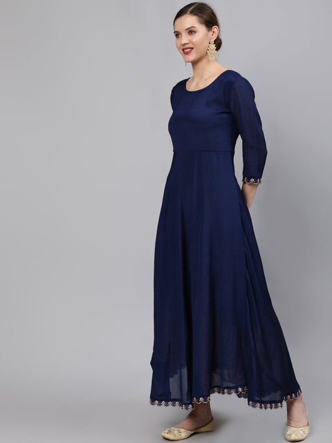 Women Navy Blue Embroidered Maxi Dress WIth Scalloped Dupatta