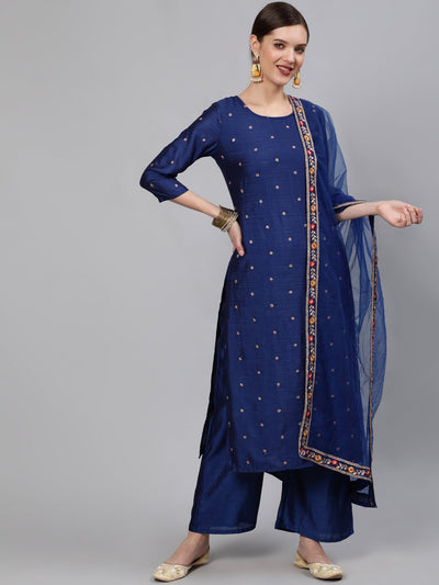 Women Blue Embroidered Straight Kurta With Plazo & Dupatta
