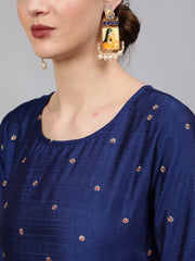 Women Blue Embroidered Straight Kurta With Plazo & Dupatta