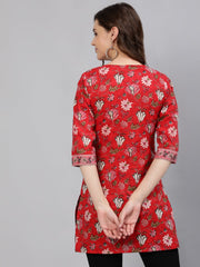 Women Red Floral Printed Tunic With Three Quarter Sleeves