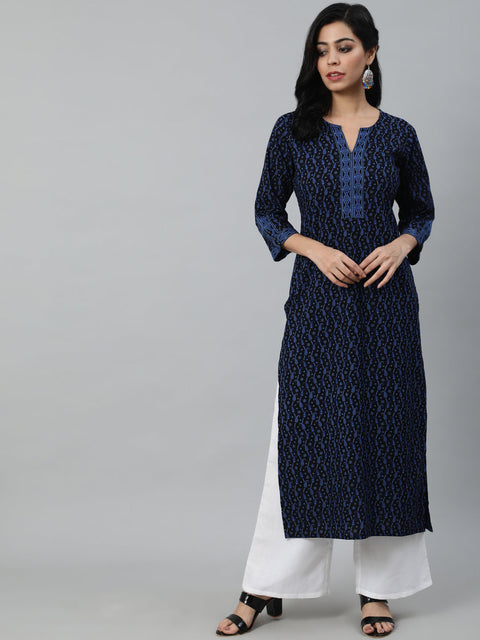 Women Black Printed Straight Kurta With Three Quarter Sleeves